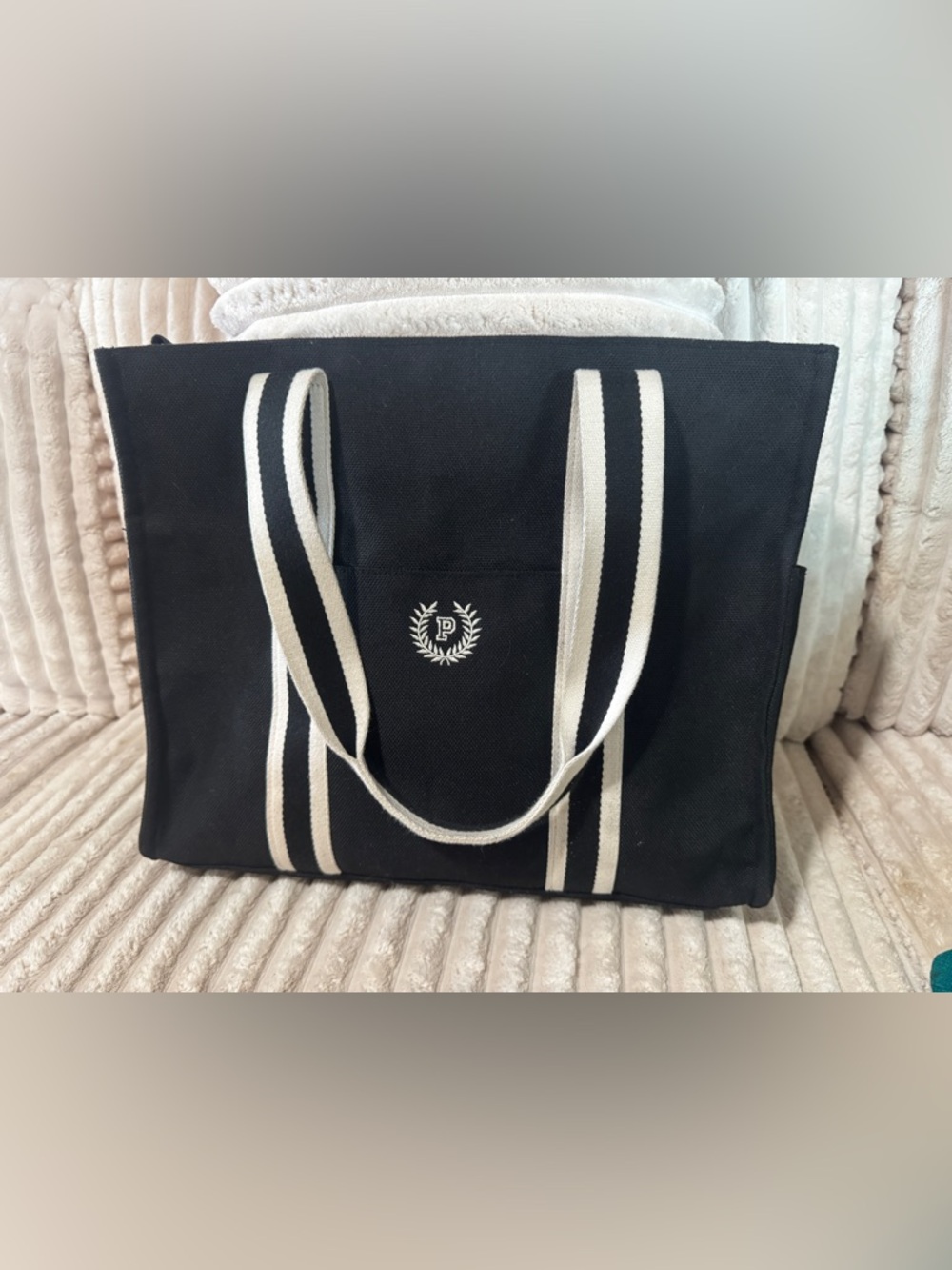 VS PINK Canvas Tote with White Striped Handles